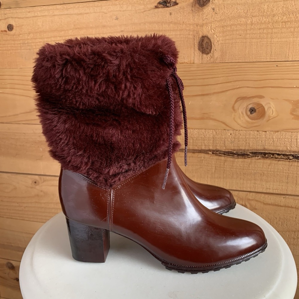 VTG 70s USA Moulded Construction Faux Fur HEEL Maroon Fall Boots RETRO Size 8‎